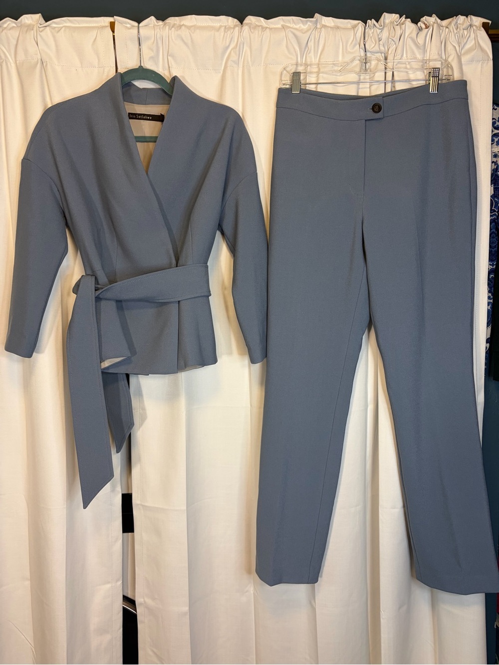Iris Setlakwe Robin Blue Wrap Jacket Blazer Straight Leg Trouser Set Size 8 $750